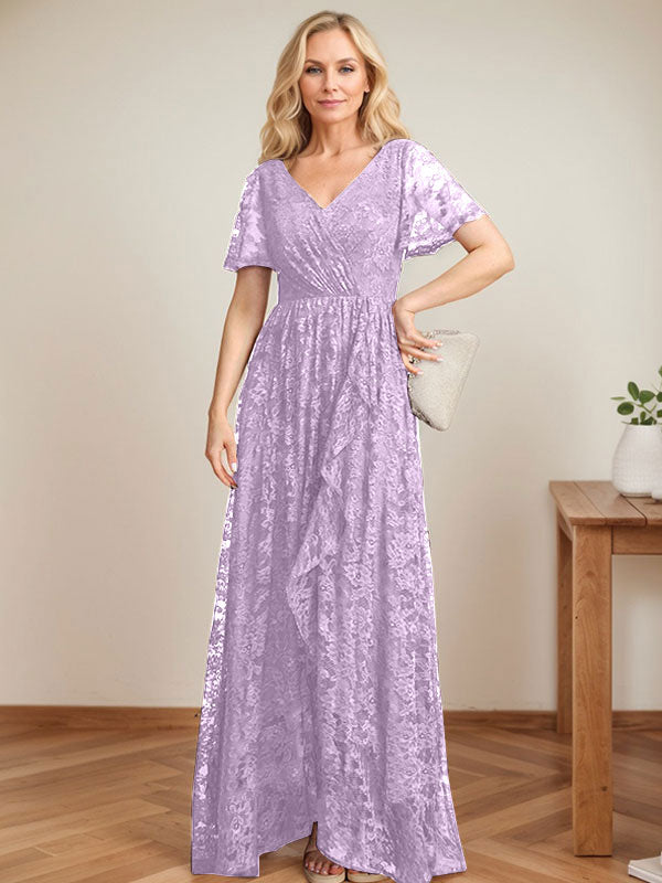 A-Line V-Neck Asymmetrical Lace Mother of the Bride Dress With Cascading Ruffles