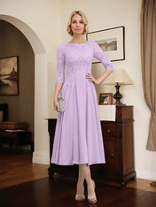 A-line Scoop Illusion Tea-Length Chiffon Lace Mother of the Bride Dress With Beading Sequins