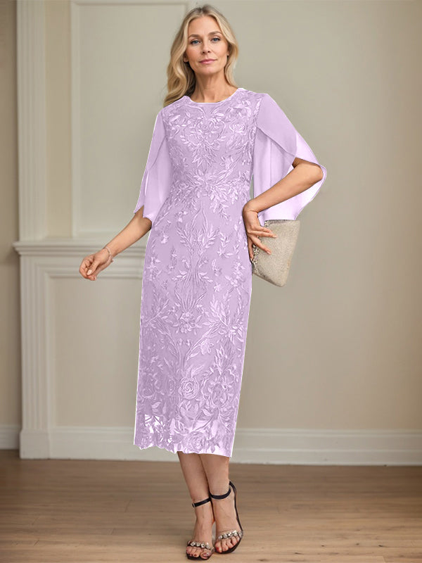 Column Scoop Tea-Length Lace Chiffon Mother of the Bride Dress