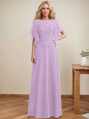 A-line Scoop Illusion Floor-Length Lace Chiffon Mother of the Bride Dress With Sequins
