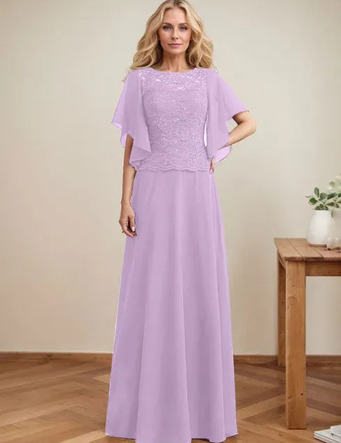A-line Scoop Illusion Floor-Length Lace Chiffon Mother of the Bride Dress With Sequins
