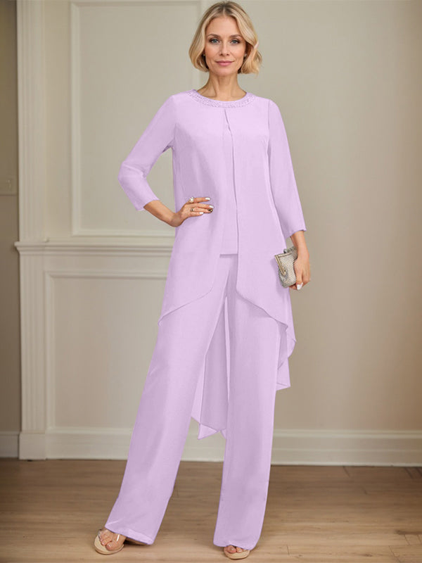 Separates Jumpsuit/Pantsuit Scoop Floor-Length Chiffon Mother of the Bride Dress With Sequins Beading