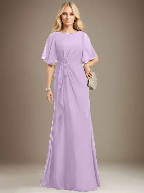 A-line Scoop Floor-Length Chiffon Mother of the Bride Dress With Cascading Ruffles Beading Sequins