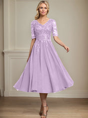 A-line V-Neck Tea-Length Lace Chiffon Mother of the Bride Dress With Sequins