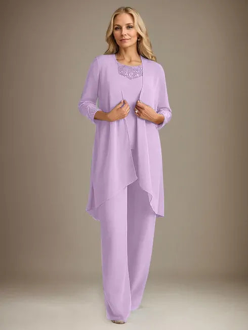 Chiffon Scoop Long Sleeves Mother Of The Bride Pantsuits With Jacket