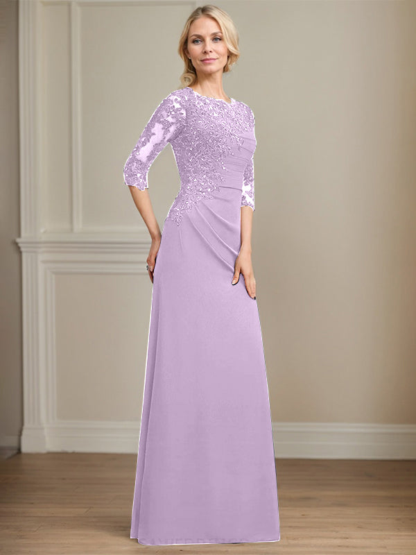 A-line Scoop Floor-Length Chiffon Lace Mother of the Bride Dress With Beading Pleated Sequins