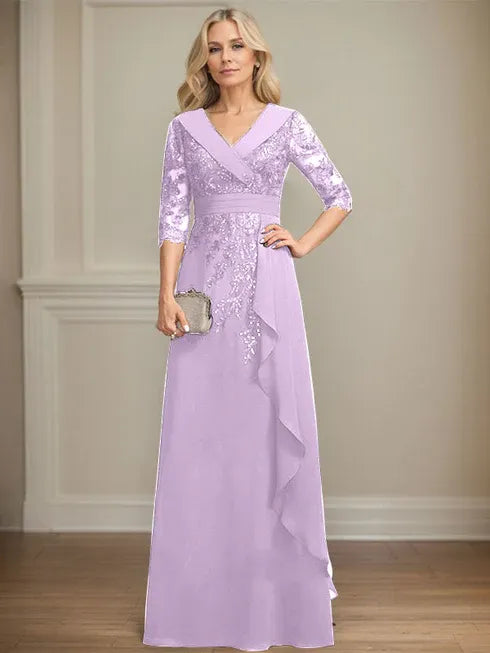 A-line Collared V-Neck Floor-Length Lace Chiffon Mother of the Bride Dress With Sequins Cascading Ruffles