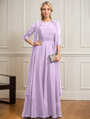 A-line Scoop Illusion Floor-Length Lace Chiffon Mother of the Bride Dress With Pleated