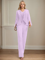 Separates Jumpsuit/Pantsuit V-Neck Floor-Length Chiffon Mother of the Bride Dress