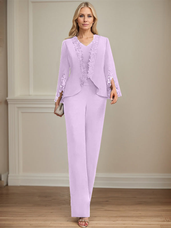 Separates Jumpsuit/Pantsuit V-Neck Floor-Length Chiffon Mother of the Bride Dress