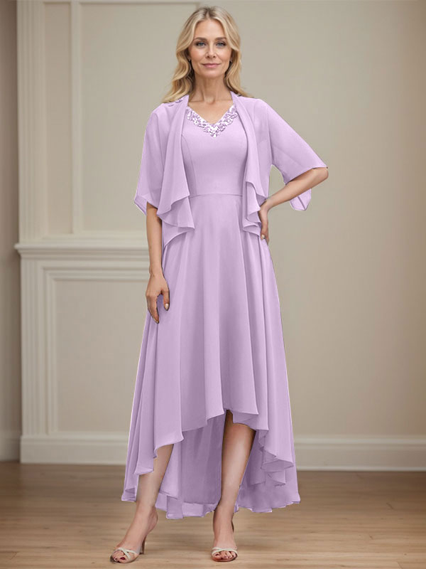 A-line V-Neck Asymmetrical Chiffon Mother of the Bride Dress With Beading Sequins