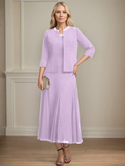 Separates A-line Scoop Tea-Length Chiffon Mother of the Bride Dress With Sequins Beading