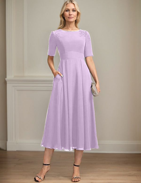 A-line Scoop Tea-Length Chiffon Mother of the Bride Dress With Appliques Lace Sequins