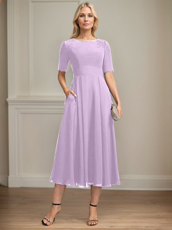 A-line Scoop Tea-Length Chiffon Mother of the Bride Dress With Appliques Lace Sequins