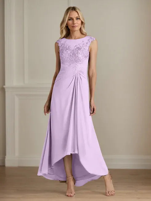 Champagne A-Line Scoop Lace Chiffon Dress