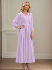 A-line V-Neck Ankle-Length Chiffon Mother of the Bride Dress With Sequins Appliques Lace Beading