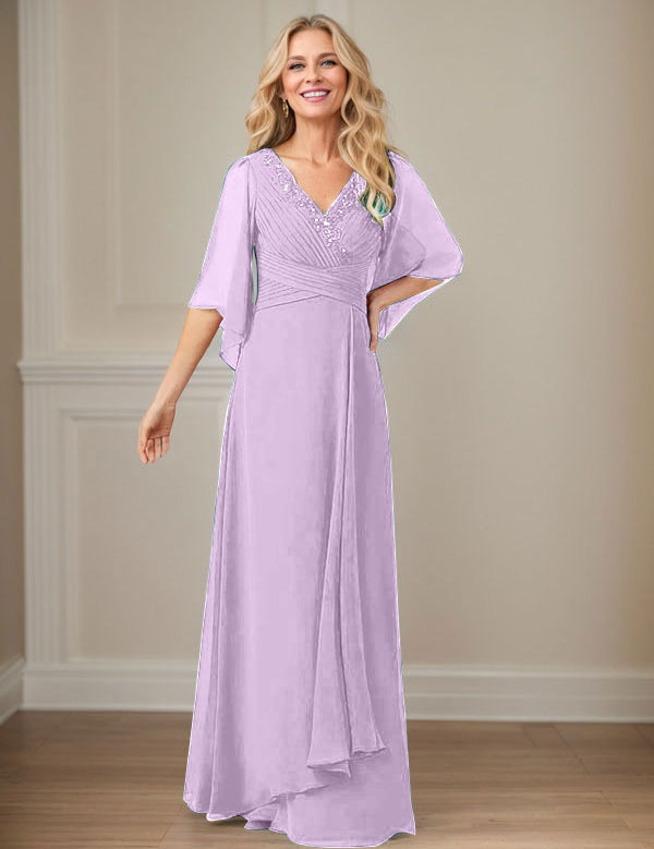 Robe mère de la mariée longue en mousseline à paillettes et col en V