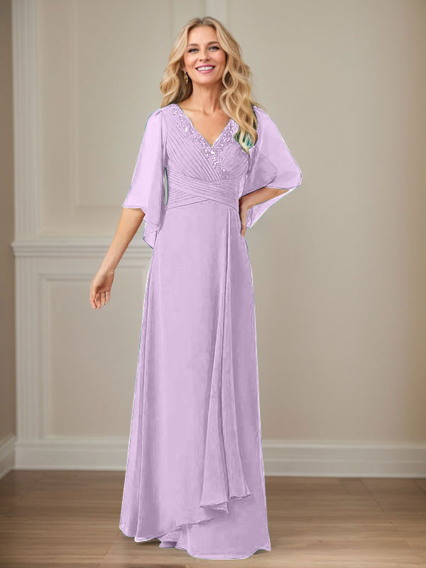 A-Line V-Neck Long Sequins Chiffon Mother Dress