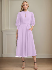 A-line High Neck Tea-Length Lace Chiffon Mother of the Bride Dress With Bow