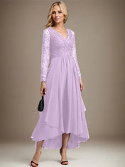 A-line V-Neck Asymmetrical Lace Chiffon Mother of the Bride Dress