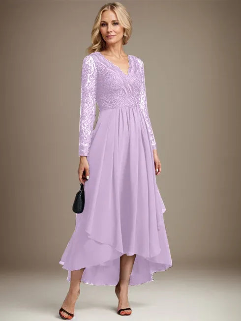 A-line V-Neck Asymmetrical Lace Chiffon Mother of the Bride Dress