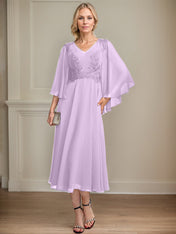 A-line V-Neck Tea-Length Chiffon Lace Mother of the Bride Dress With Beading Sequins