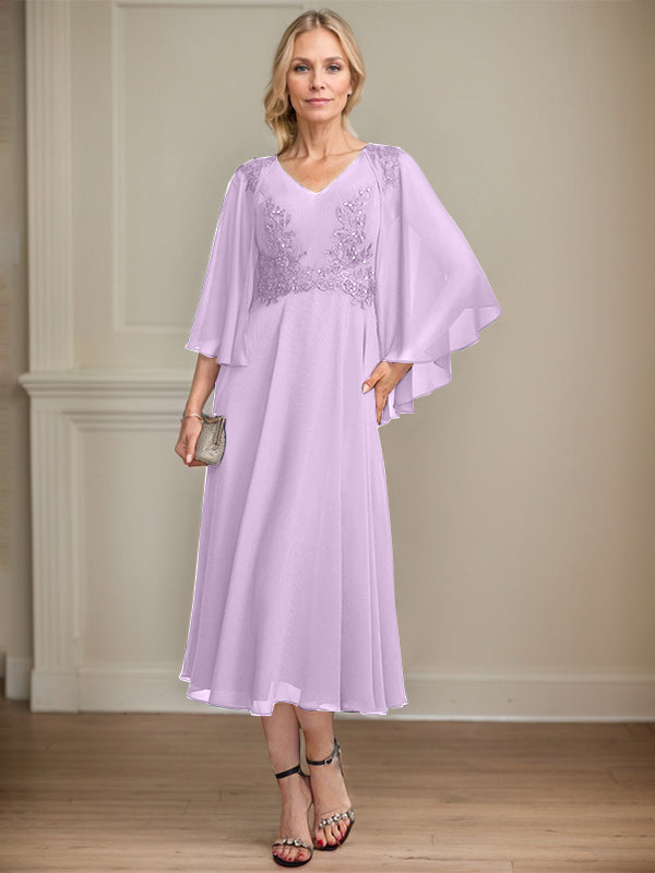 A-line V-Neck Tea-Length Chiffon Lace Mother of the Bride Dress With Beading Sequins