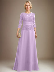 A-line Scoop Illusion Floor-Length Chiffon Lace Mother of the Bride Dress With Pleated Sequins Beading