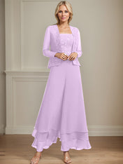 Separates Jumpsuit/Pantsuit Square Ankle-Length Lace Chiffon Mother of the Bride Dress With Sequins