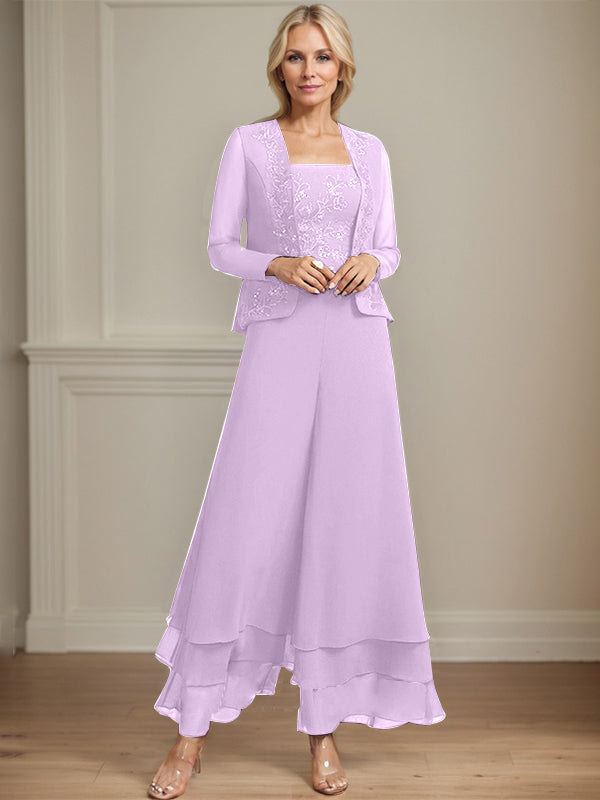 Robe de mère de la mariée en mousseline de soie, longueur cheville, avec sequins, combinaison/tailleur carré 