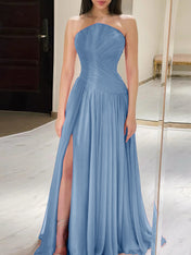 Red Pleated Chiffon Strapless Long Prom Dress with Slit