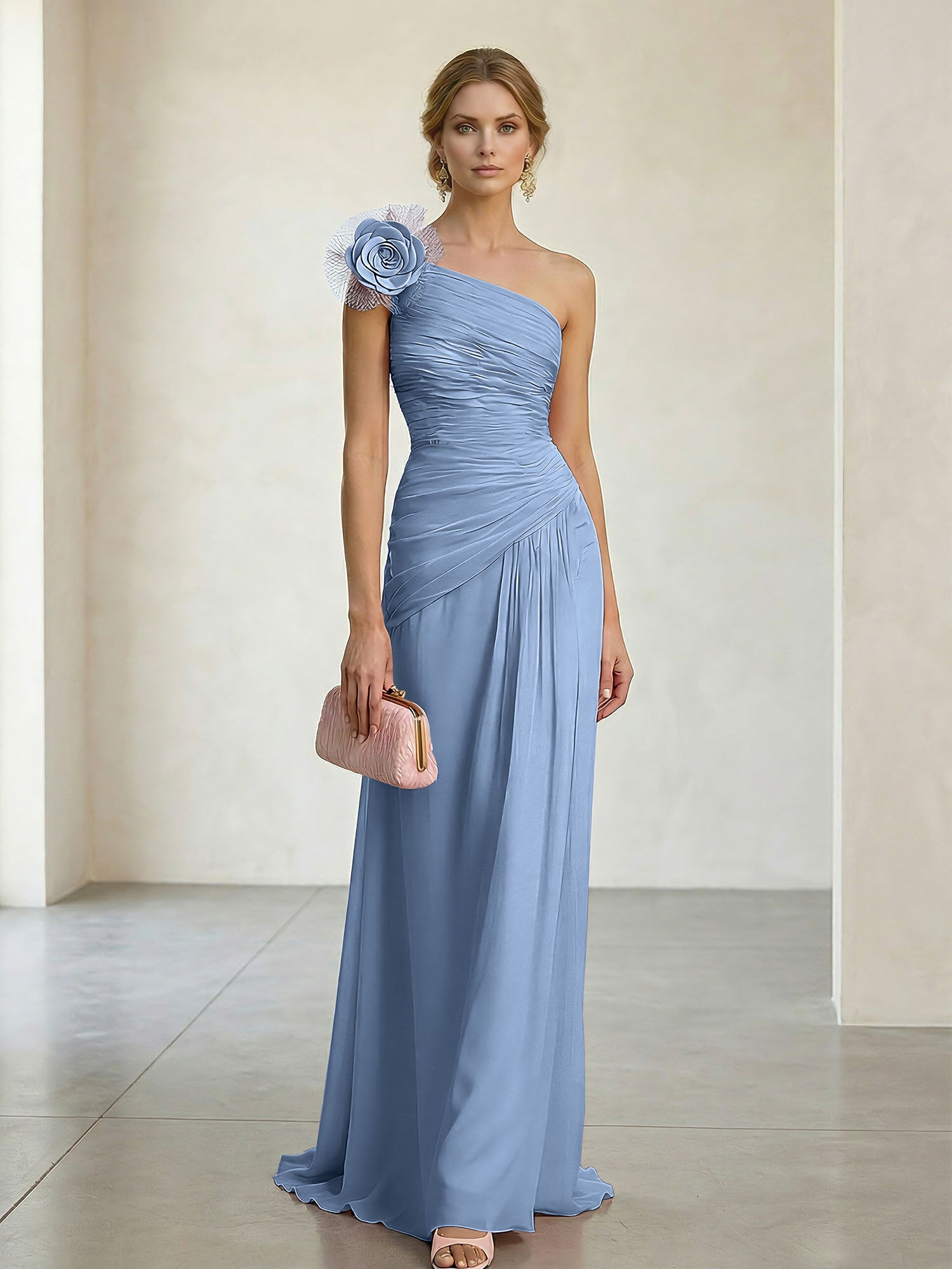 Blush Pink One-Shoulder Ruched 3D Floral Gown Dress