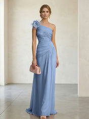 Blush Pink One-Shoulder Ruched 3D Floral Gown Dress