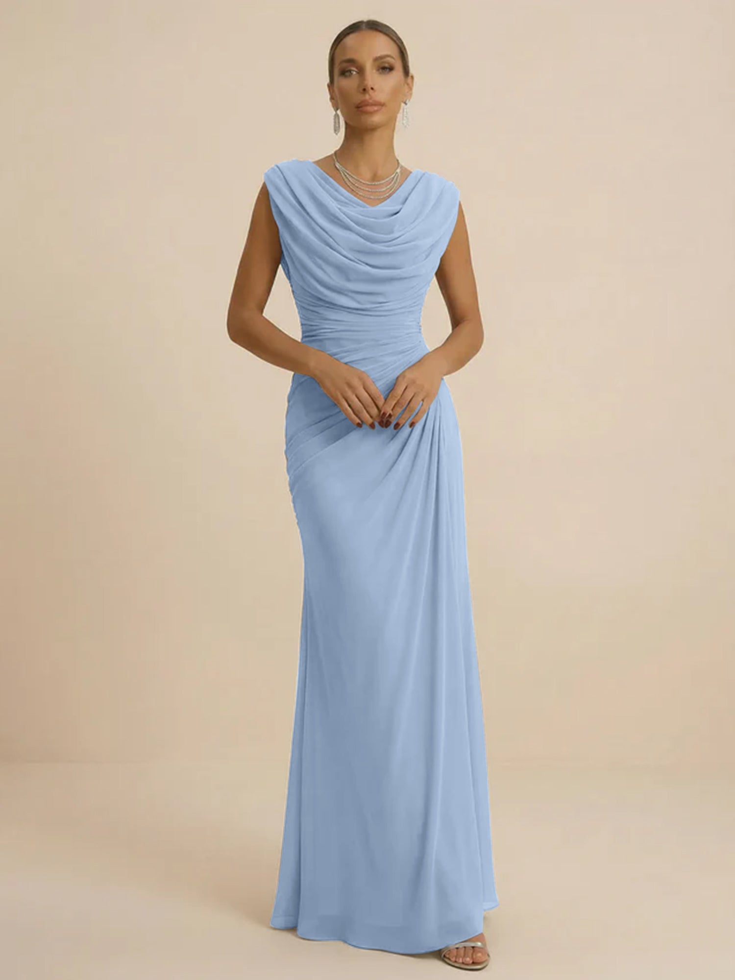 Dusty Grey Draped Cowl Neck Ruched Chiffon Evening Dresses