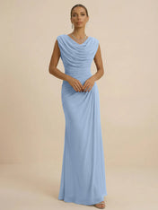 Dusty Grey Draped Cowl Neck Ruched Chiffon Evening Dresses