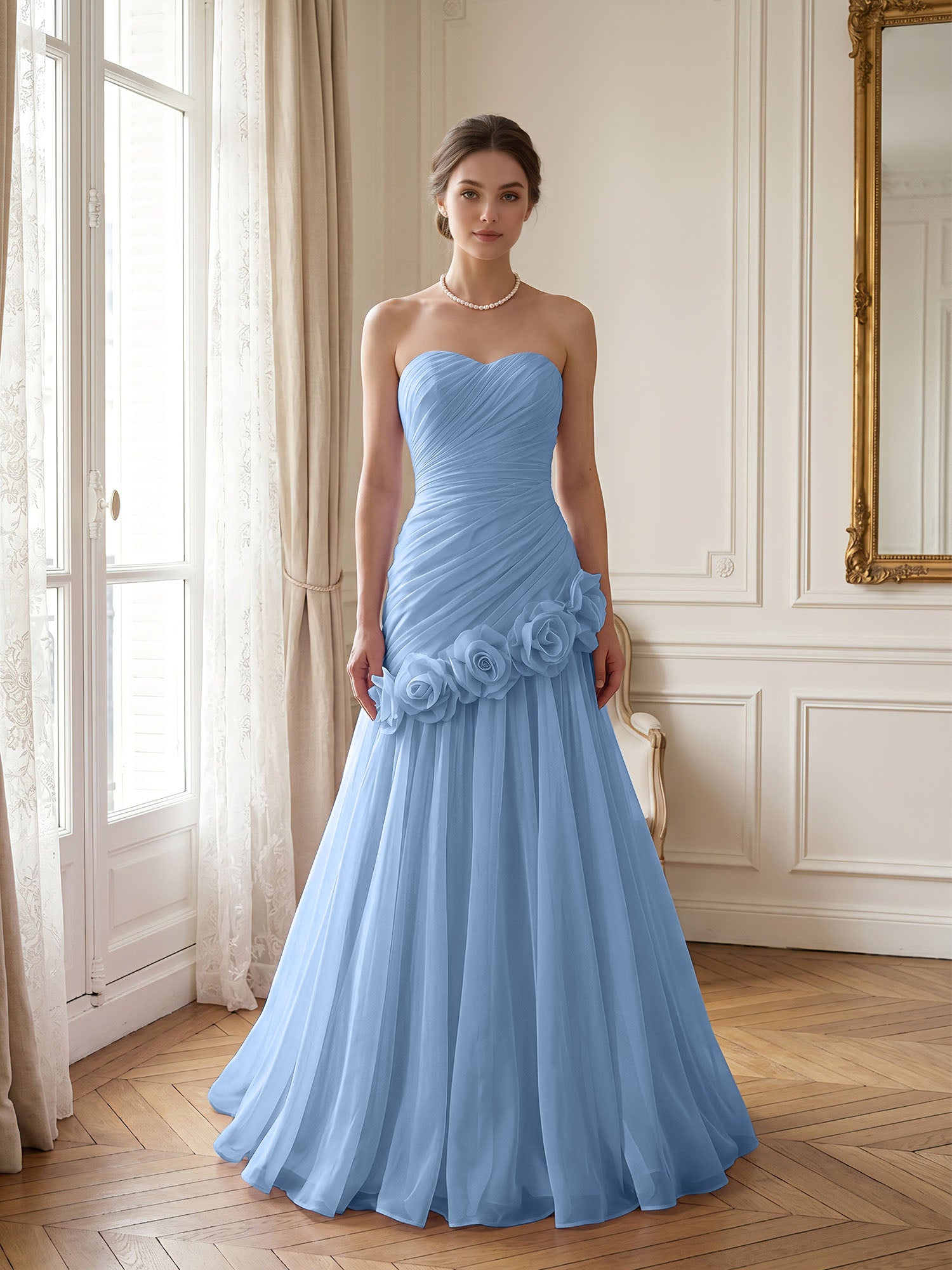 Lilac 3D Rosette Strapless Chiffon Evening Formal Gown Wedding Guest Dress