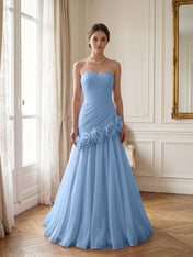 Lilac 3D Rosette Strapless Chiffon Evening Formal Gown Wedding Guest Dress
