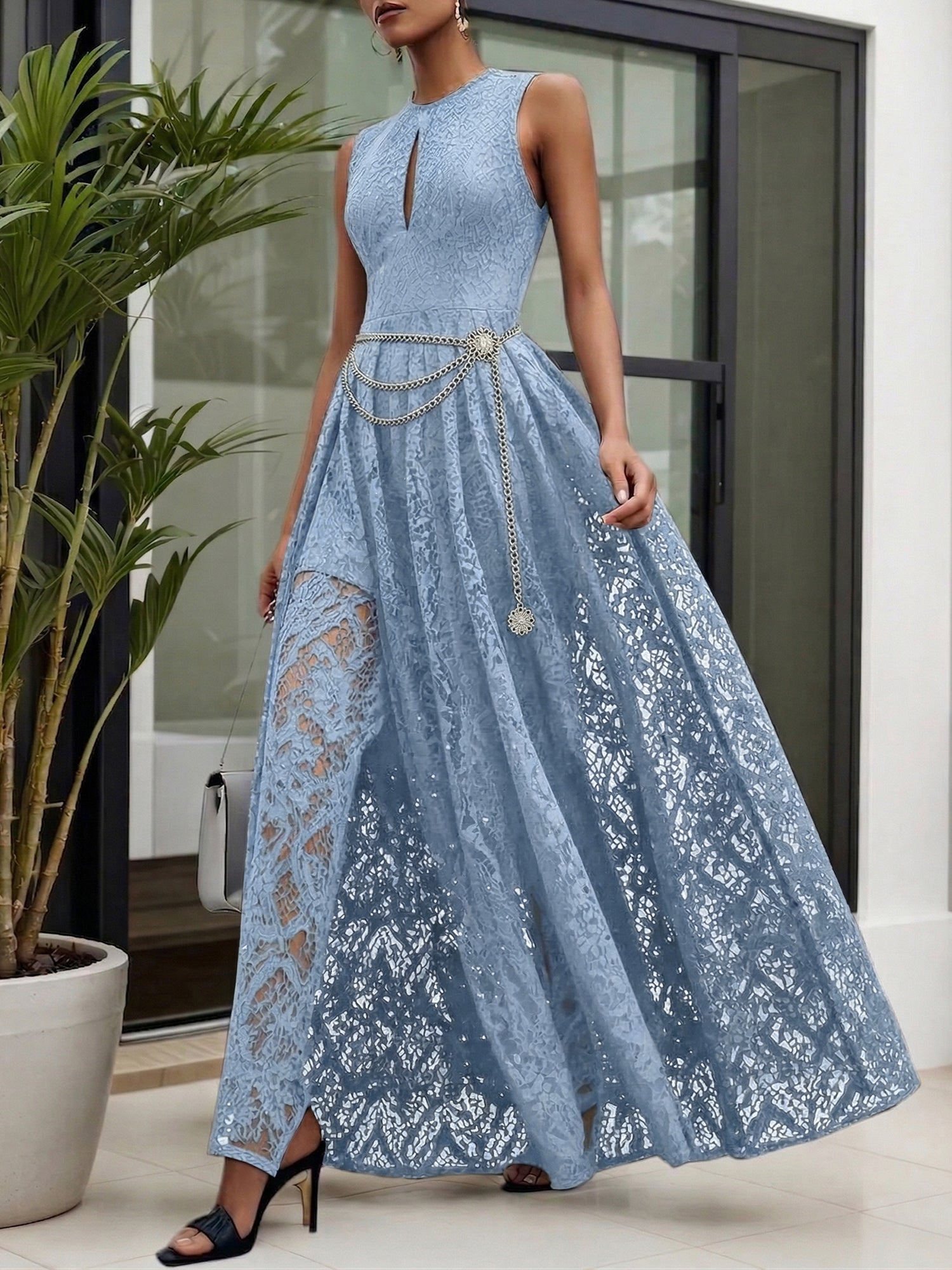 Midnight Black Lace Hollow Out Crew Neck Sleeveless A-Line Maxi Dress