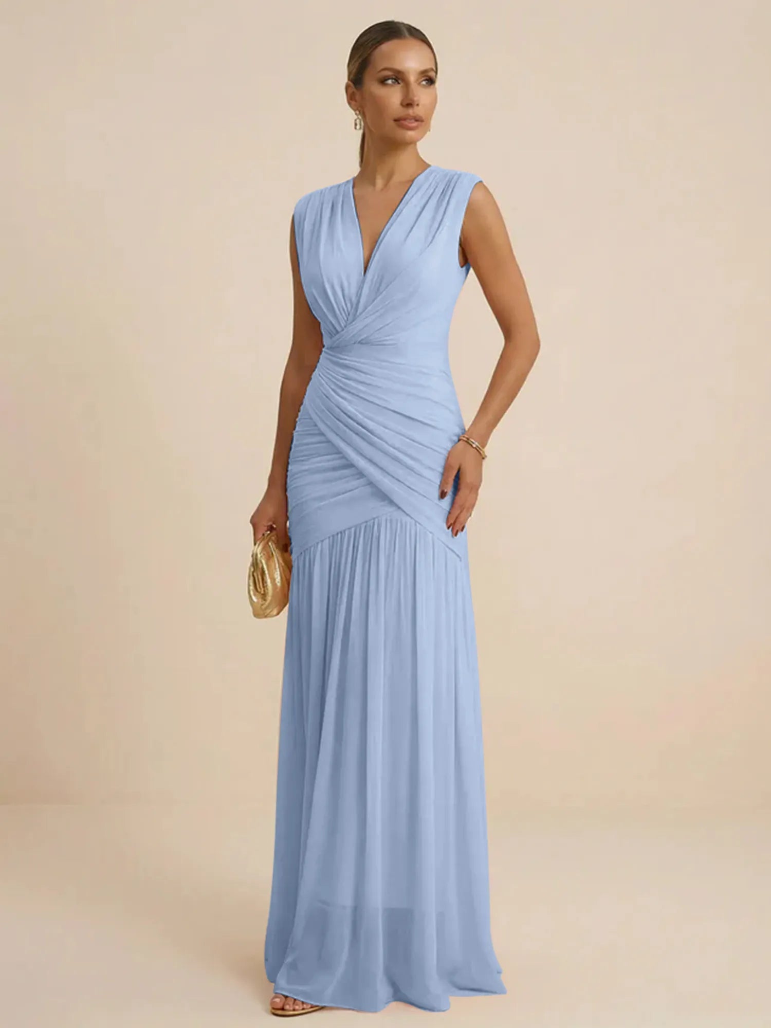 Pink Regular Straps V Neck Chiffon Pleat Mermaid Maxi Dress