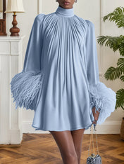 Blue Feather Ruched Chiffon Mock Neck Long Sleeve A-Line Mini Dress