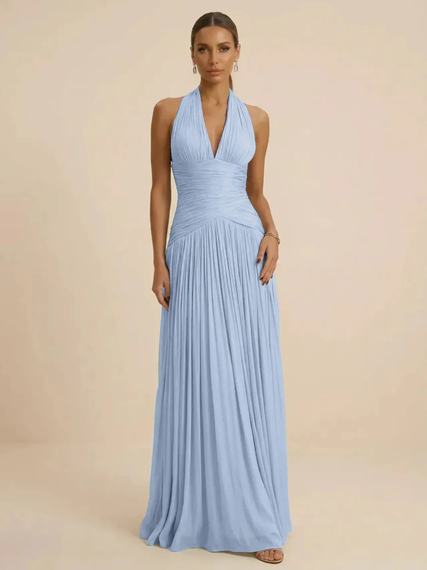 Sage Green Halter Neck Pleated Chiffon Evening Gown with Ruched