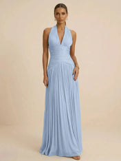 Sage Green Halter Neck Pleated Chiffon Evening Gown with Ruched