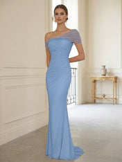 Sophisticated Blush Pink Asymmetrical Ruched Maxi Dress Evening Gown