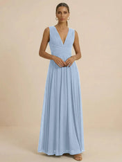 Teal Pleated V-Neck Chiffon Evening Gown with Ruched