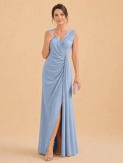 V-Neck Faux-Wrap Evening Gown with Side Draping Mother of The Bride Dresses