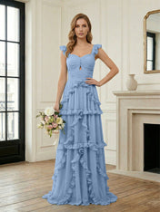 Ethereal Sky Blue Tiered Ruffle Chiffon Maxi Dress Gown