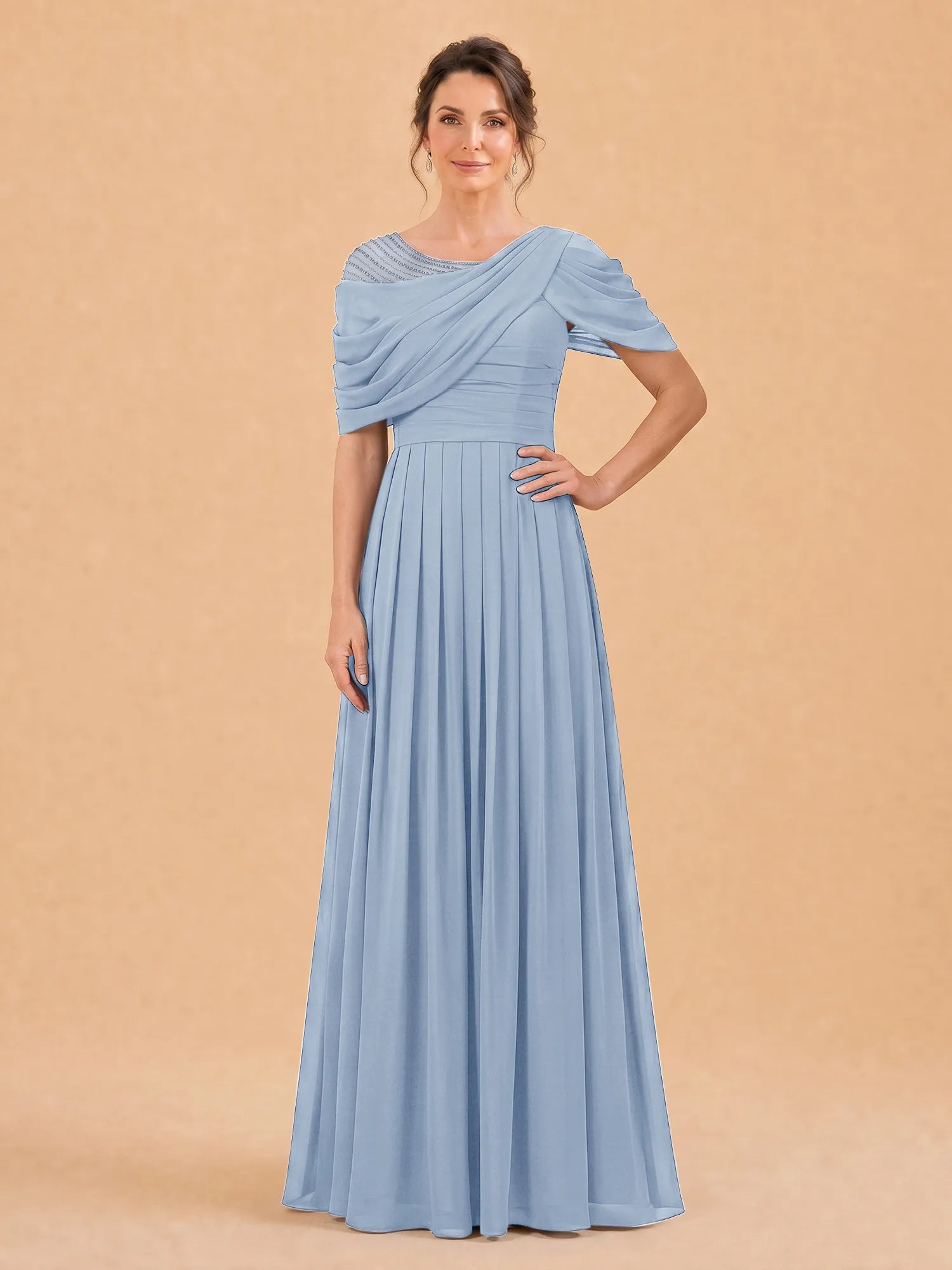 One-Shoulder Cape Overlay Chiffon Mother of the Bride Dress
