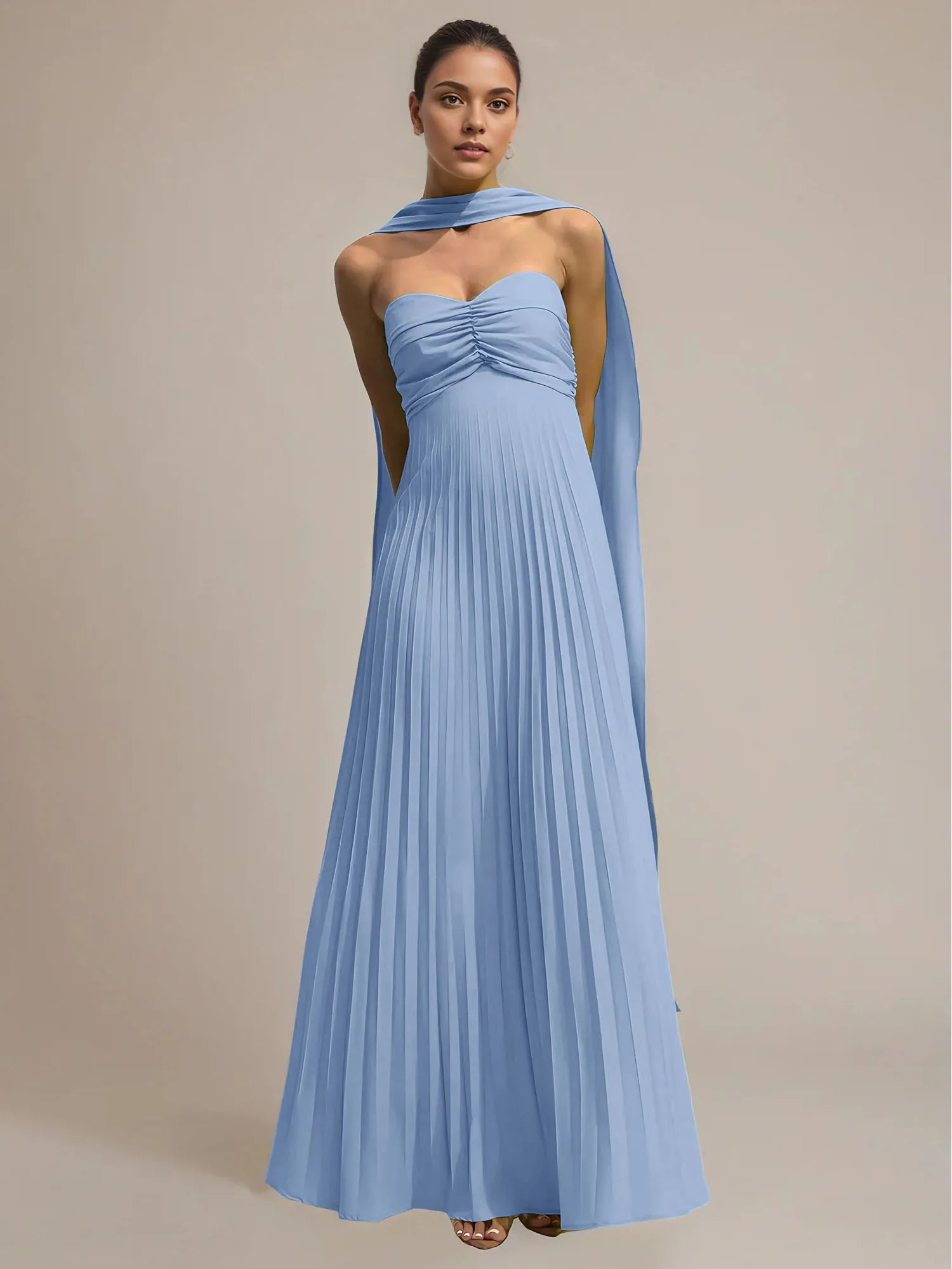 Green Chiffon A Line Off The Shoulder Sleeveless Floor Length Pleated Dress