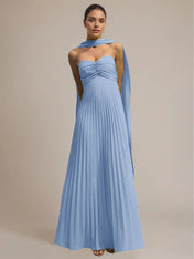 Green Chiffon A Line Off The Shoulder Sleeveless Floor Length Pleated Dress