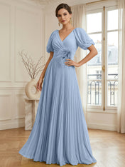 A-Line Chiffon Evening Gown with Feather V-Neck Short Sleeves Formal Dress